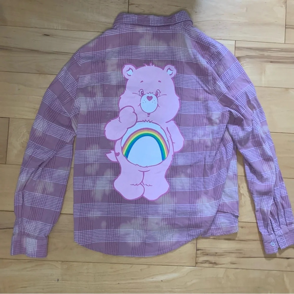 Care Bears Pink Plaid Flannel Button Down Love Sleeve Shirt Womens Size Small - Picture 1 of 5